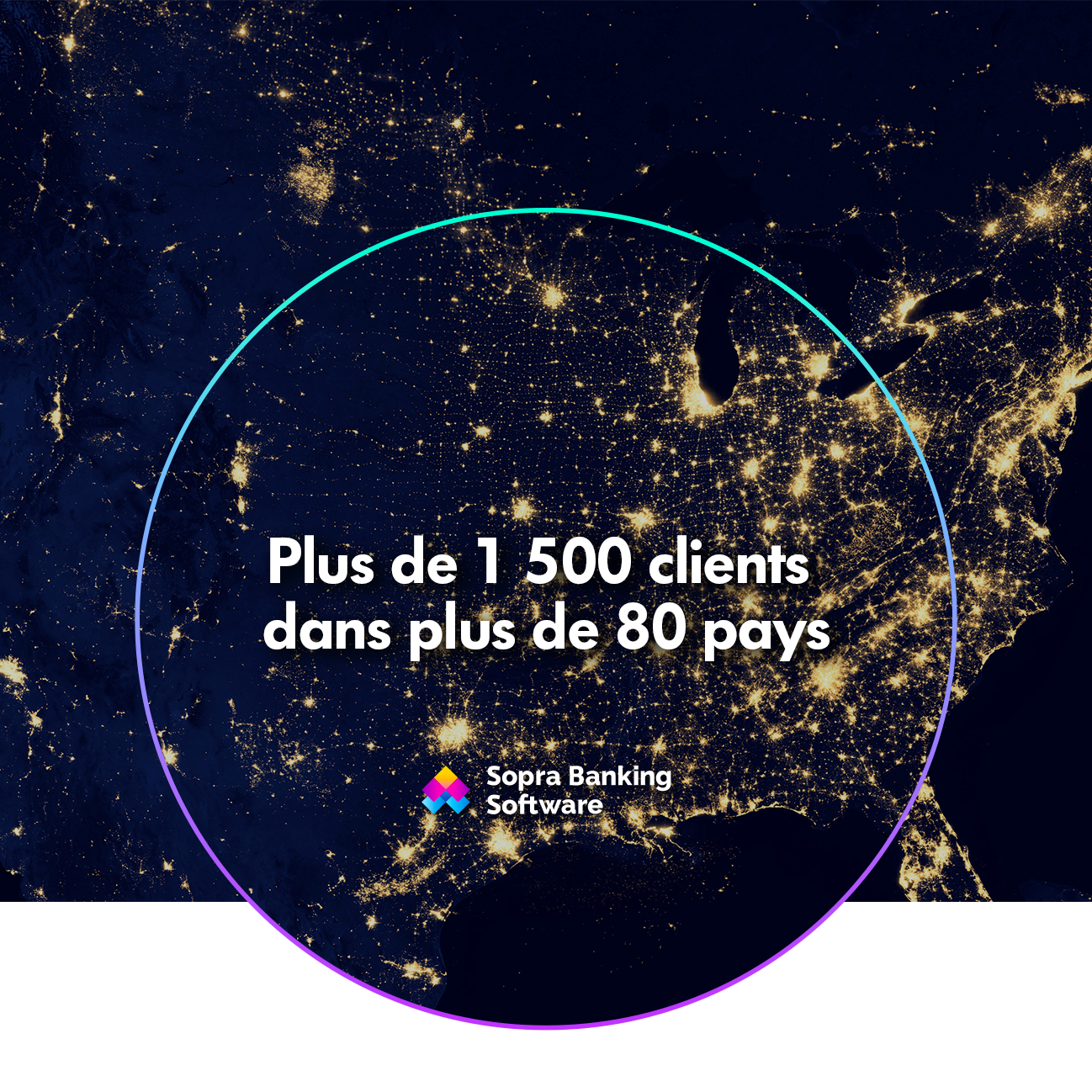 Carte du monde dans la nuit avec un rond dans lequel est écrit 