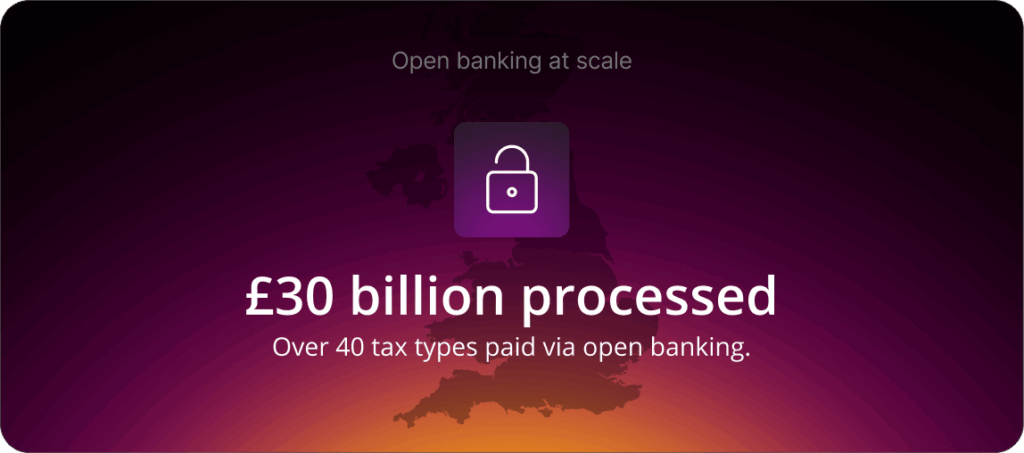 Open banking at scale: £30 billion processed. Over 40 tax types paid via open banking.