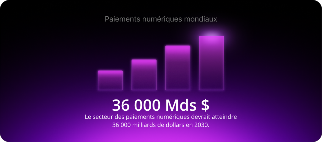 Paiements numériques mondiaux : 
36 000 Mds $
Le secteur des paiements numériques devrait atteindre 36 000 milliards de dollars en 2030.