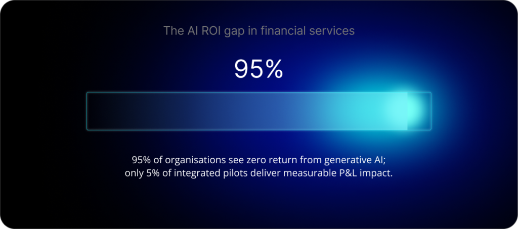 The AI ROI gap in financial services: 95% of organisations see zero return from generative AI; only 5% of integrated pilots deliver measurable P&L impact.